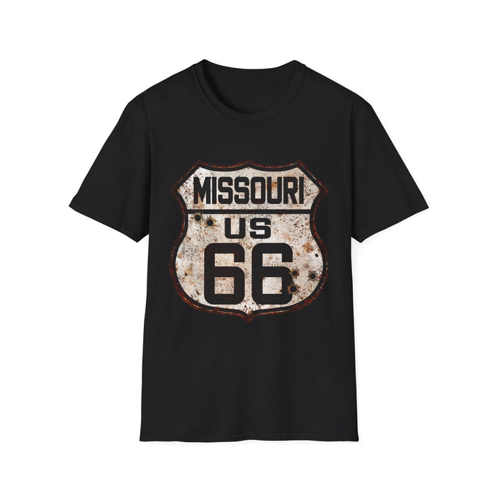 Vintage Missouri Route 66 Tee, Rusty Look with Bullet Holes on Route 66 Shield Unisex Softstyle T-Shirt