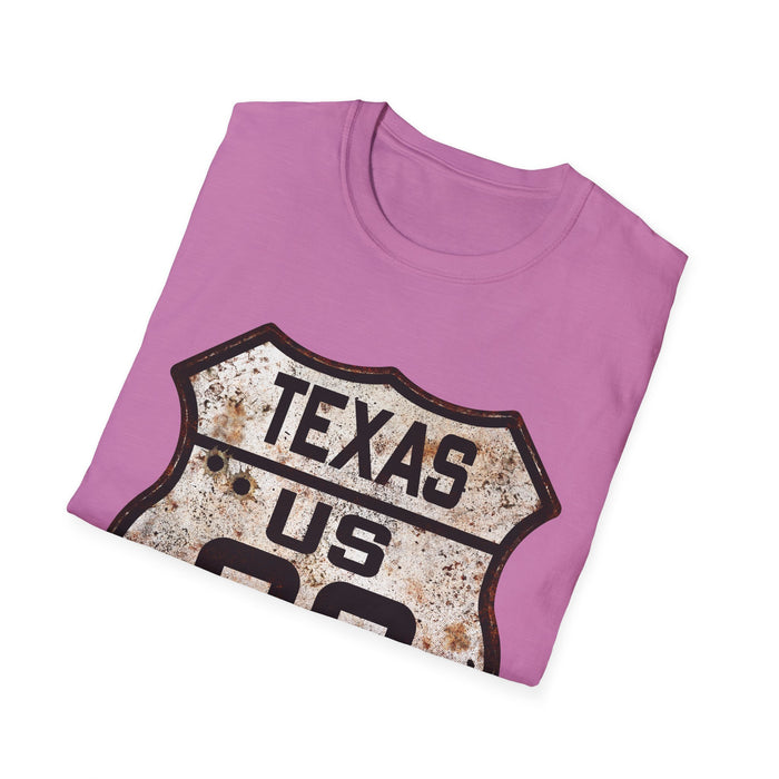 Vintage Texas Route 66 Tee, Rusty Look with Bullet Holes on Route 66 Shield Unisex Softstyle T-Shirt
