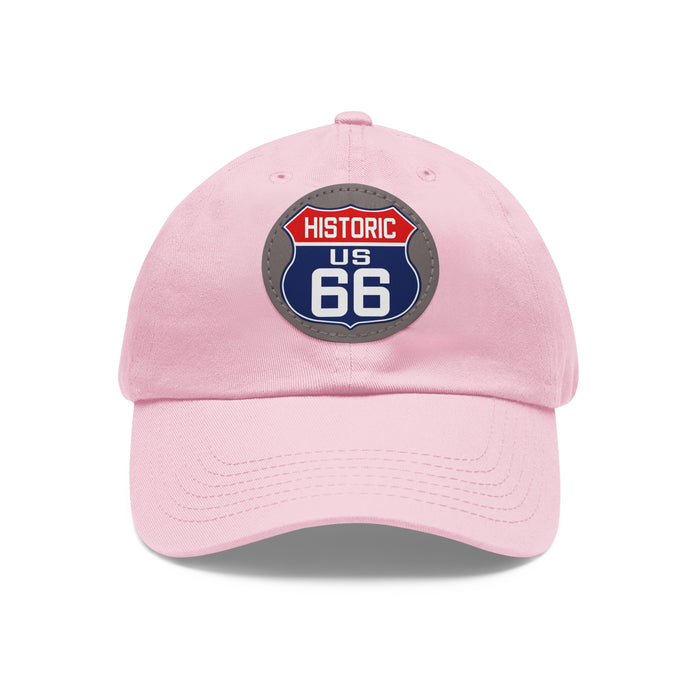 Route 66 Inspired Dad Hat in Red, White and Blue Dad Hat with Leather Patch (Round)