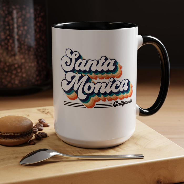 Coffee Mug, Santa Monica Retro 80s Vibe Big Text, Tea Cup, Hot Chocolate Mug, Unique Gift for Beach Lovers, Birthday Gift for Coffee
