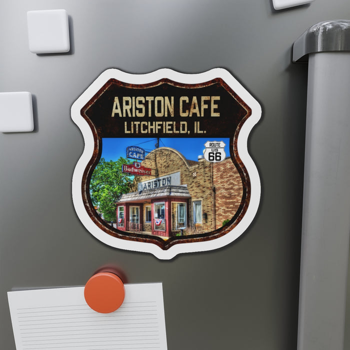 Vintage Ariston Cafe Die-Cut Magnet - Route 66 Highway Shield Illinois