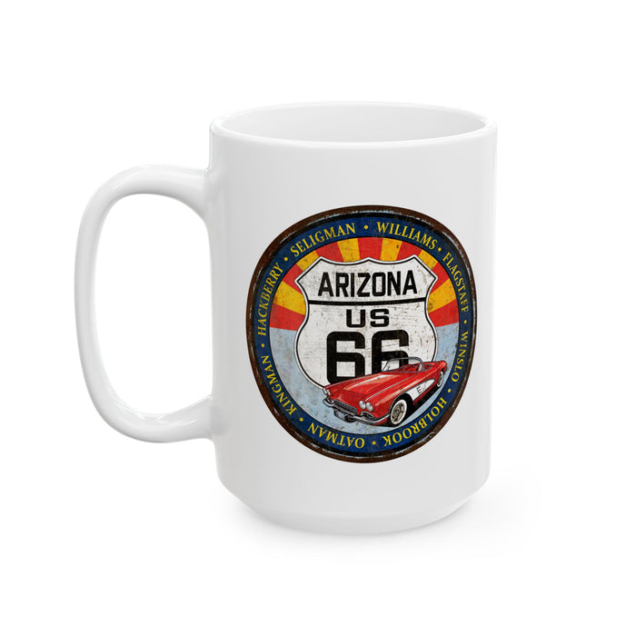 Retro Arizona Route 66 Sign Coffee Mug - Vintage Round Style Ceramic Mug, (11oz, 15oz)