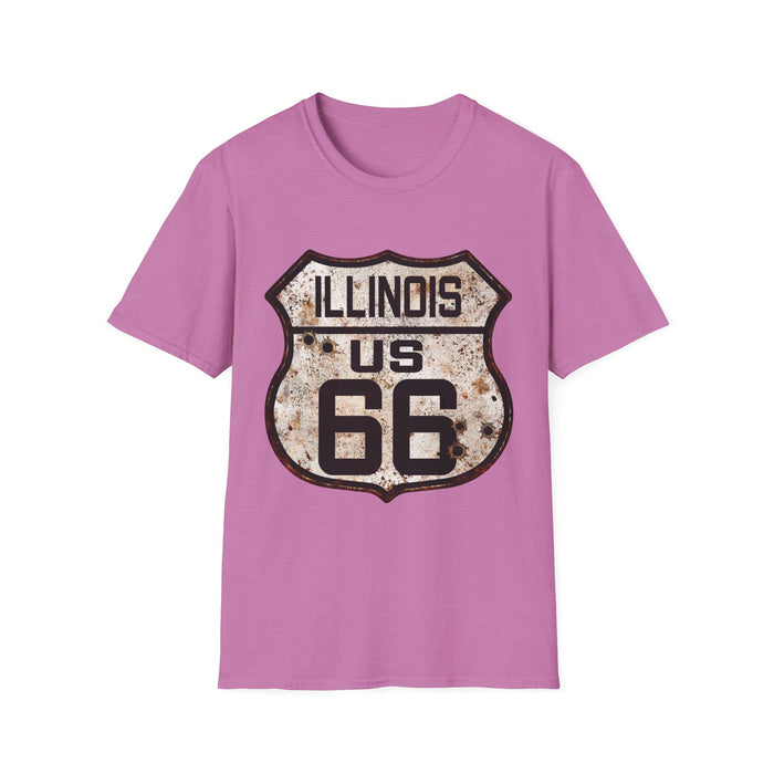 Vintage Illinois Route 66 Tee, Rusty Look with Bullet Holes on Route 66 Shield Unisex Softstyle T-Shirt