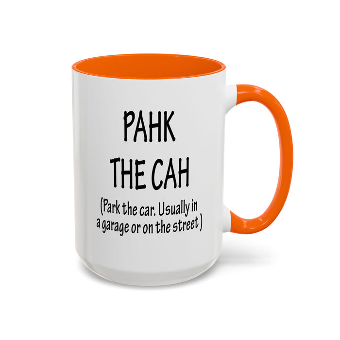 Accent Coffee Mug, Boston Pahk the Cah Funny Gift, Massachusetts Souvenir Cup, Tea Drinker Present, Office Desk Decor, Unique White Ceramic