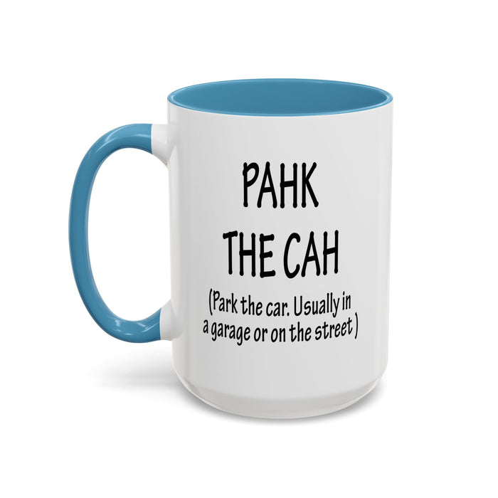 Accent Coffee Mug, Boston Pahk the Cah Funny Gift, Massachusetts Souvenir Cup, Tea Drinker Present, Office Desk Decor, Unique White Ceramic