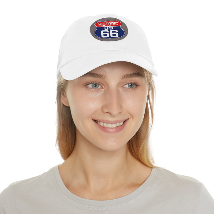 Route 66 Inspired Dad Hat in Red, White and Blue Dad Hat with Leather Patch (Round)