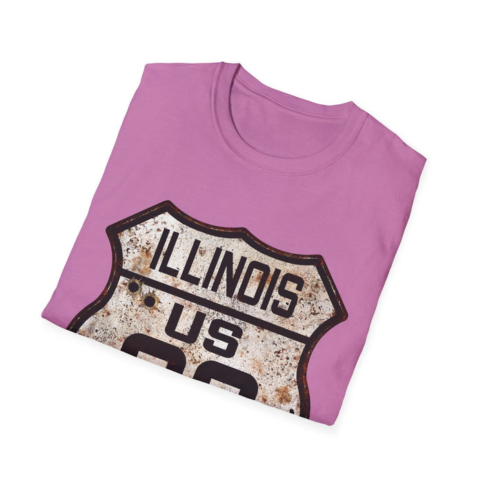 Vintage Illinois Route 66 Tee, Rusty Look with Bullet Holes on Route 66 Shield Unisex Softstyle T-Shirt