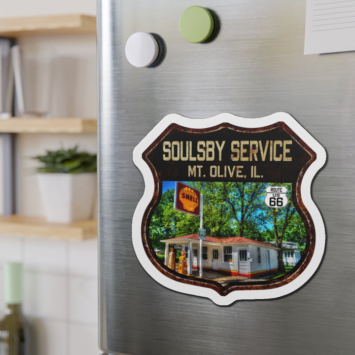 Vintage Rusty Soulsby Service Station Die-Cut Magnet - Route 66 Highway Shield Illinois