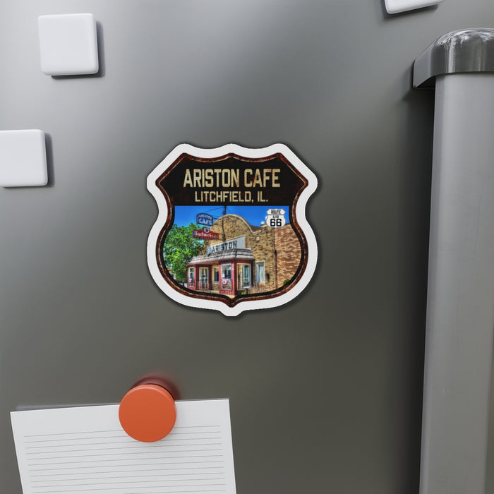 Vintage Ariston Cafe Die-Cut Magnet - Route 66 Highway Shield Illinois