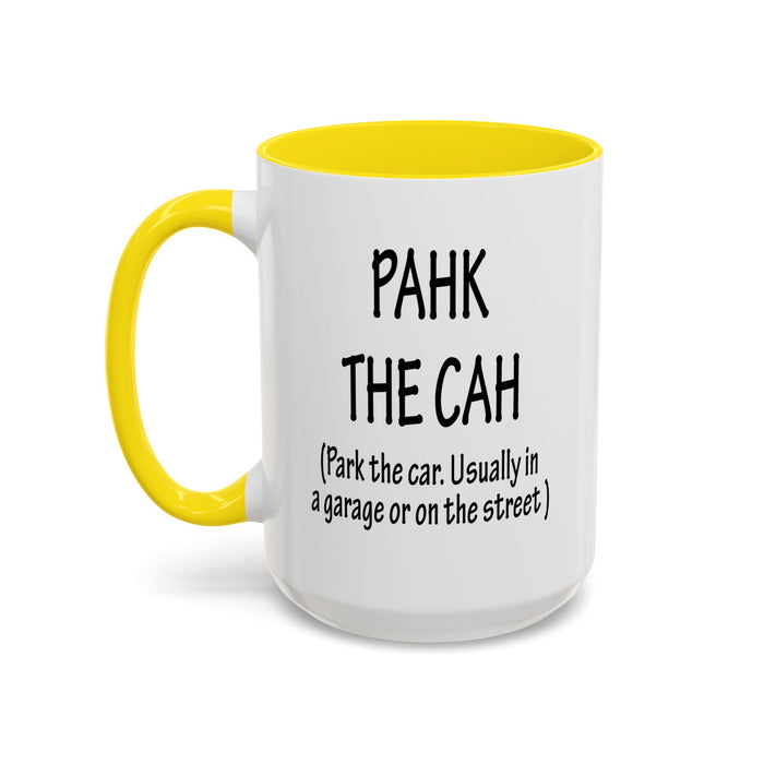 Accent Coffee Mug, Boston Pahk the Cah Funny Gift, Massachusetts Souvenir Cup, Tea Drinker Present, Office Desk Decor, Unique White Ceramic