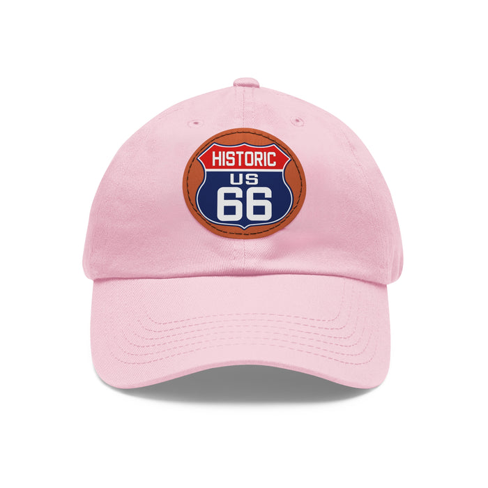 Route 66 Inspired Dad Hat in Red, White and Blue Dad Hat with Leather Patch (Round)