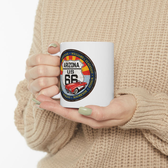 Retro Arizona Route 66 Sign Coffee Mug - Vintage Round Style Ceramic Mug, (11oz, 15oz)