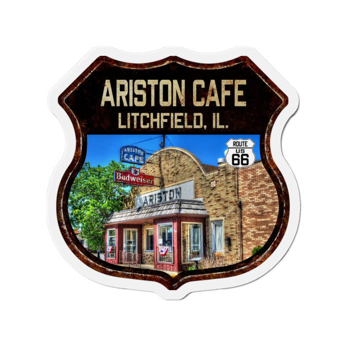 Vintage Ariston Cafe Die-Cut Magnet - Route 66 Highway Shield Illinois