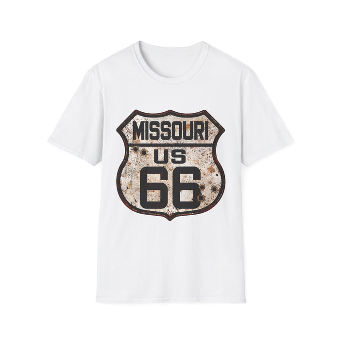 Vintage Missouri Route 66 Tee, Rusty Look with Bullet Holes on Route 66 Shield Unisex Softstyle T-Shirt
