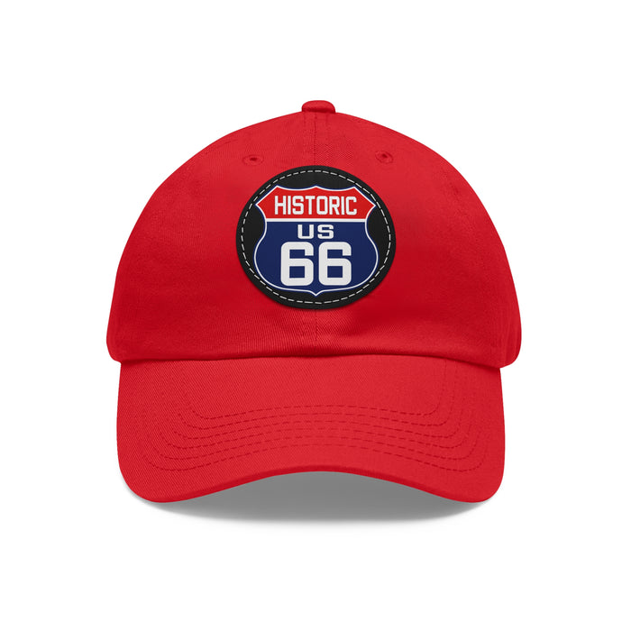 Route 66 Inspired Dad Hat in Red, White and Blue Dad Hat with Leather Patch (Round)
