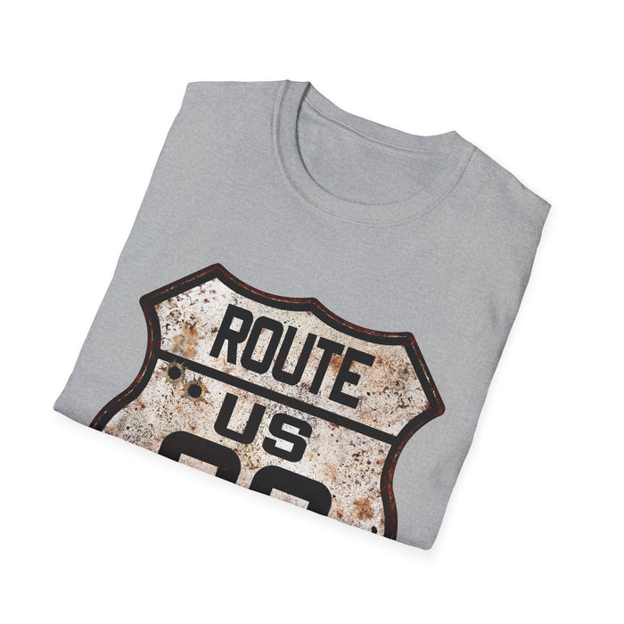 VIntage Route 66 Tee, Rusty Look with Bullet Holes on Route 66 Shield Unisex Softstyle T-Shirt