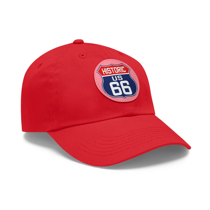 Route 66 Inspired Dad Hat in Red, White and Blue Dad Hat with Leather Patch (Round)