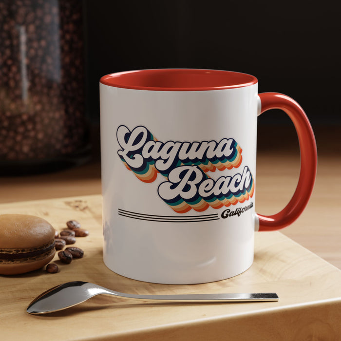 Coffee Mug, Laguna Beach Retro 80s Vibe Big Text, Tea Cup, Hot Chocolate Mug, Unique Gift for Beach Lovers, Birthday Gift for Coffee
