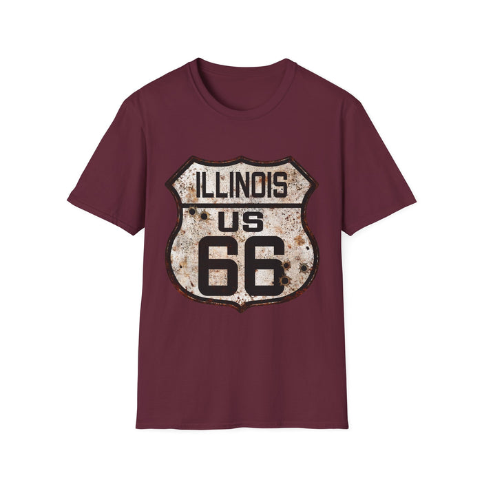 Vintage Illinois Route 66 Tee, Rusty Look with Bullet Holes on Route 66 Shield Unisex Softstyle T-Shirt