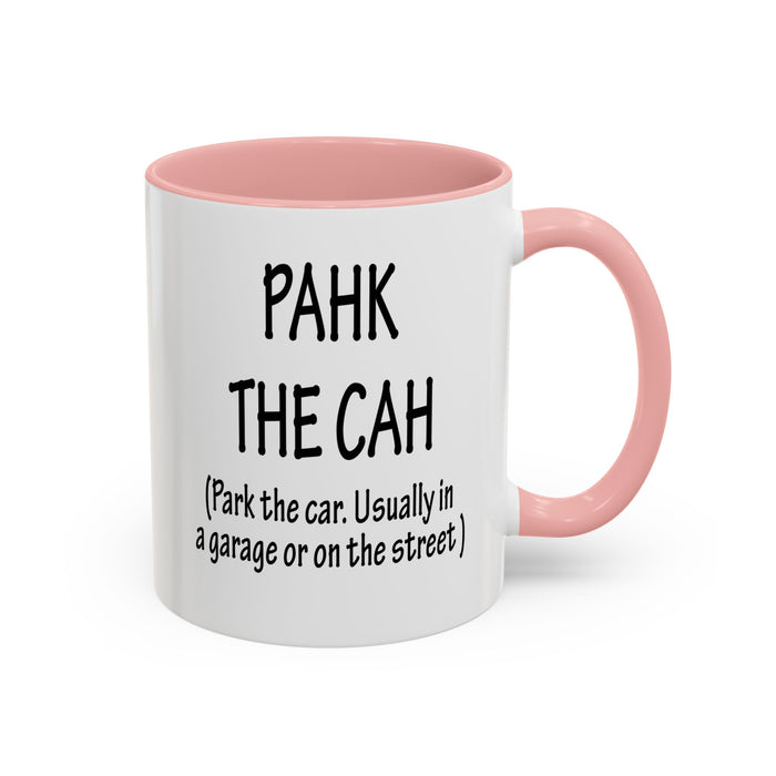 Accent Coffee Mug, Boston Pahk the Cah Funny Gift, Massachusetts Souvenir Cup, Tea Drinker Present, Office Desk Decor, Unique White Ceramic