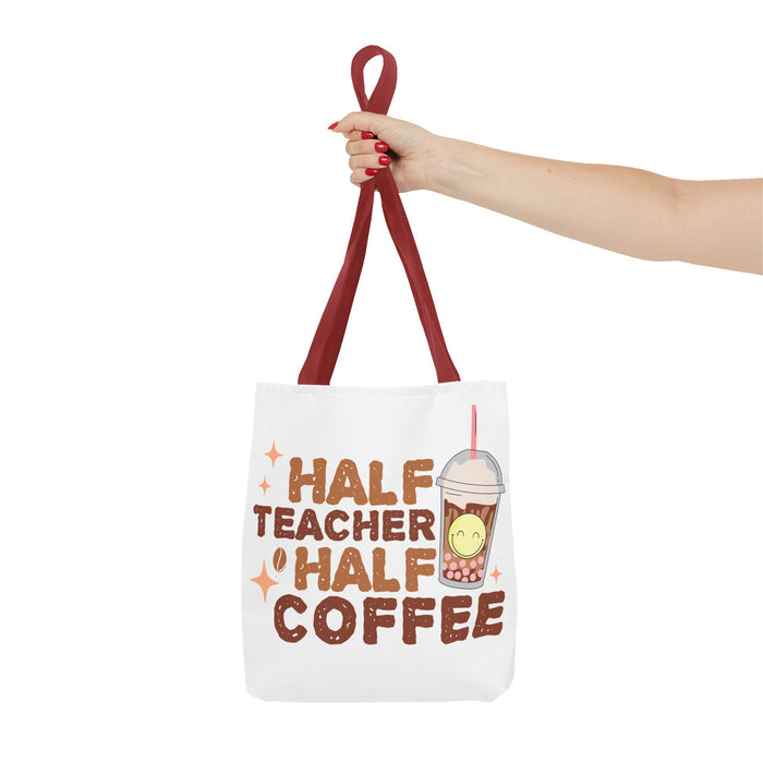 Funny Teacher Tote Bag - Half Teacher Half Coffee Design