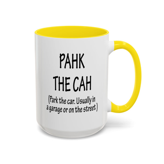 Accent Coffee Mug, Boston Pahk the Cah Funny Gift, Massachusetts Souvenir Cup, Tea Drinker Present, Office Desk Decor, Unique White Ceramic