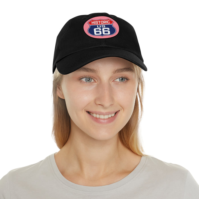 Route 66 Inspired Dad Hat in Red, White and Blue Dad Hat with Leather Patch (Round)
