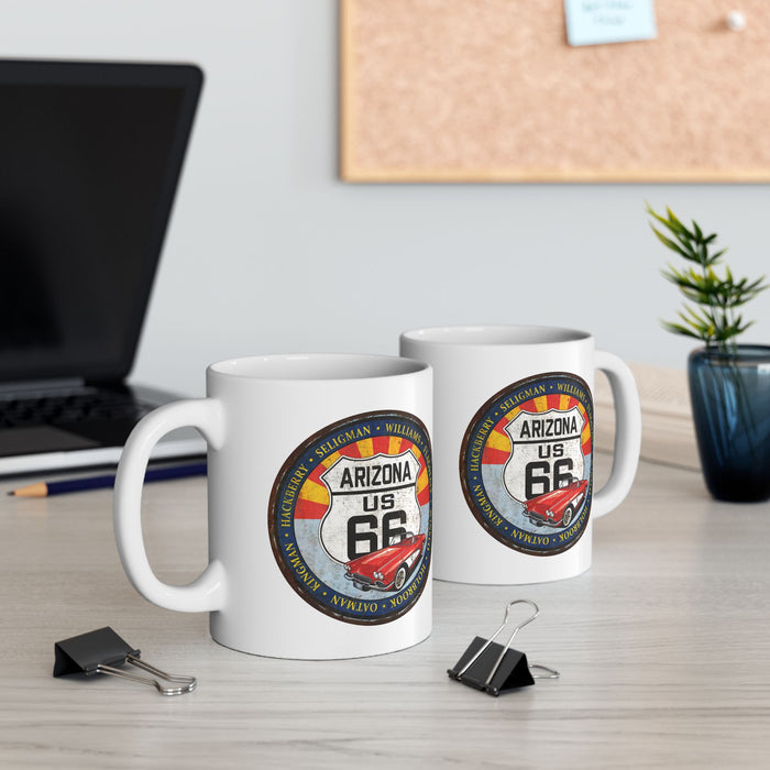 Retro Arizona Route 66 Sign Coffee Mug - Vintage Round Style Ceramic Mug, (11oz, 15oz)