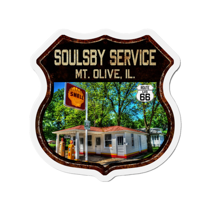 Vintage Rusty Soulsby Service Station Die-Cut Magnet - Route 66 Highway Shield Illinois