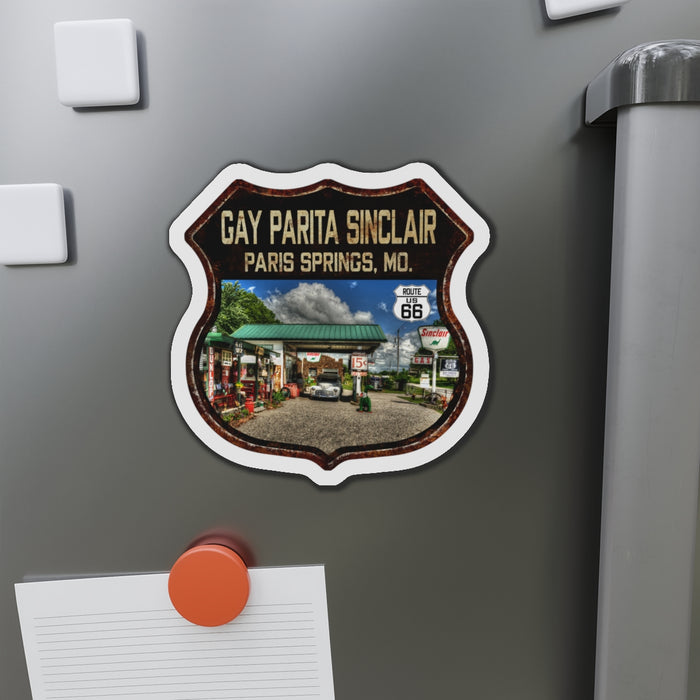 Vintage Rusty Gay Parita Die-Cut Magnet - Route 66 Highway Shield Missouri