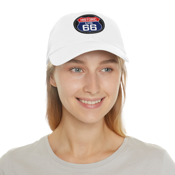 Route 66 Inspired Dad Hat in Red, White and Blue Dad Hat with Leather Patch (Round)