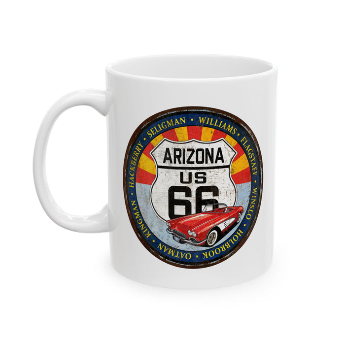 Retro Arizona Route 66 Sign Coffee Mug - Vintage Round Style Ceramic Mug, (11oz, 15oz)
