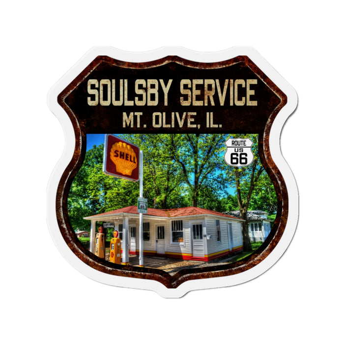 Vintage Rusty Soulsby Service Station Die-Cut Magnet - Route 66 Highway Shield Illinois