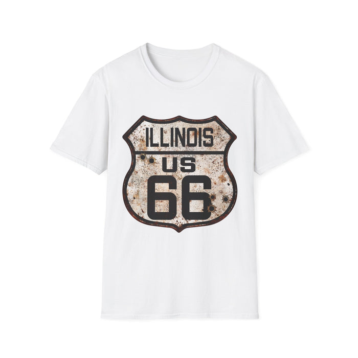 Vintage Illinois Route 66 Tee, Rusty Look with Bullet Holes on Route 66 Shield Unisex Softstyle T-Shirt