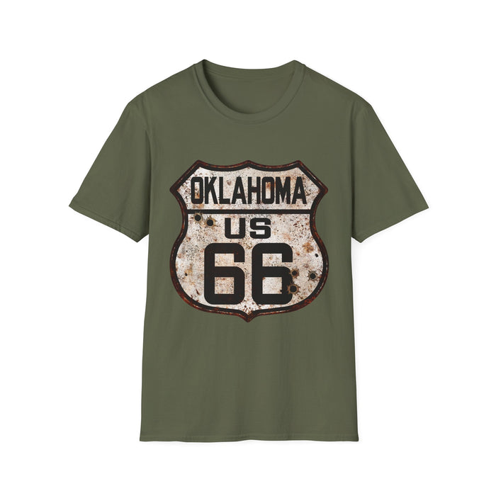 Vintage Oklahoma Route 66 Tee, Rusty Look with Bullet Holes on Route 66 Shield Unisex Softstyle T-Shirt