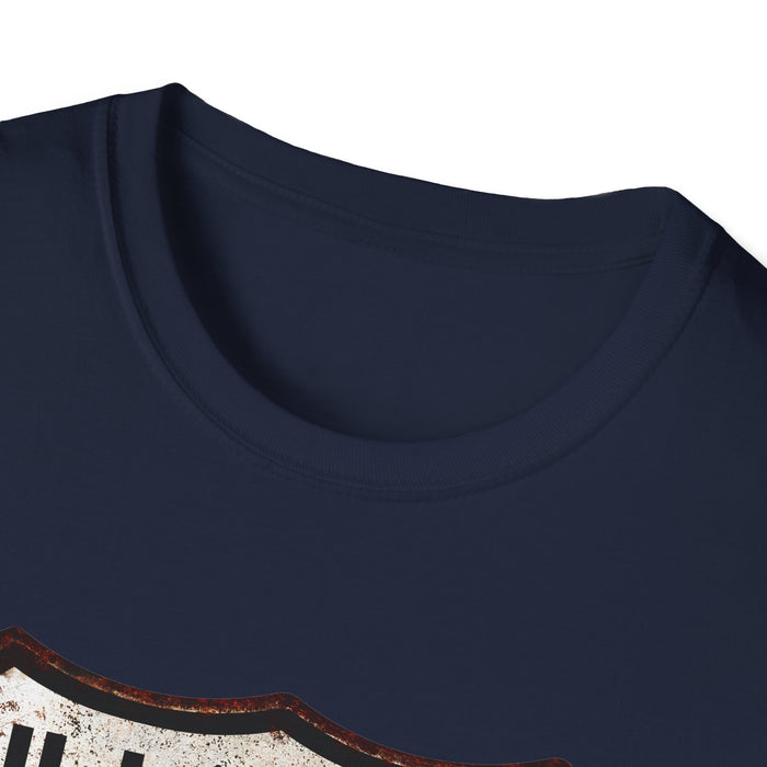 Vintage Illinois Route 66 Tee, Rusty Look with Bullet Holes on Route 66 Shield Unisex Softstyle T-Shirt