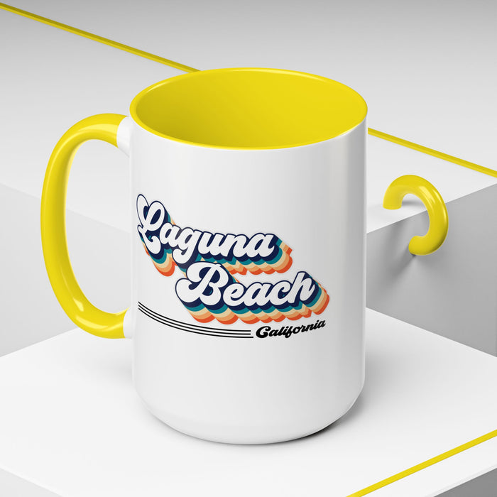 Coffee Mug, Laguna Beach Retro 80s Vibe Big Text, Tea Cup, Hot Chocolate Mug, Unique Gift for Beach Lovers, Birthday Gift for Coffee