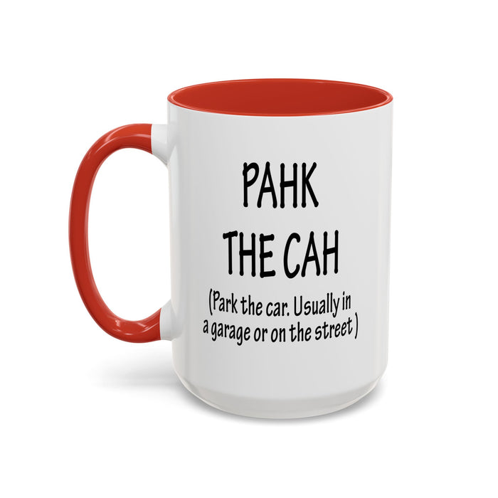 Accent Coffee Mug, Boston Pahk the Cah Funny Gift, Massachusetts Souvenir Cup, Tea Drinker Present, Office Desk Decor, Unique White Ceramic