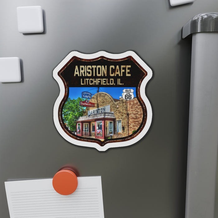 Vintage Ariston Cafe Die-Cut Magnet - Route 66 Highway Shield Illinois