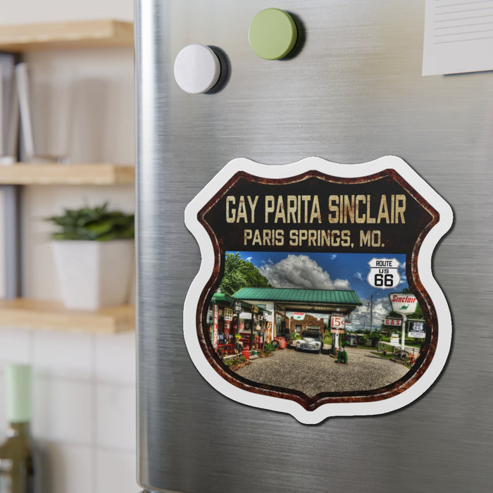 Vintage Rusty Gay Parita Die-Cut Magnet - Route 66 Highway Shield Missouri