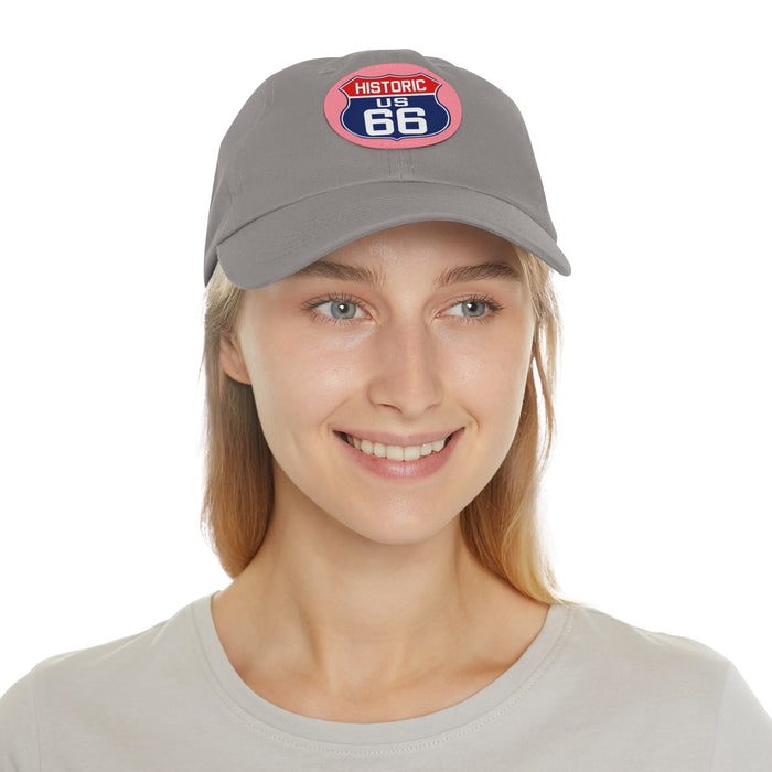 Route 66 Inspired Dad Hat in Red, White and Blue Dad Hat with Leather Patch (Round)
