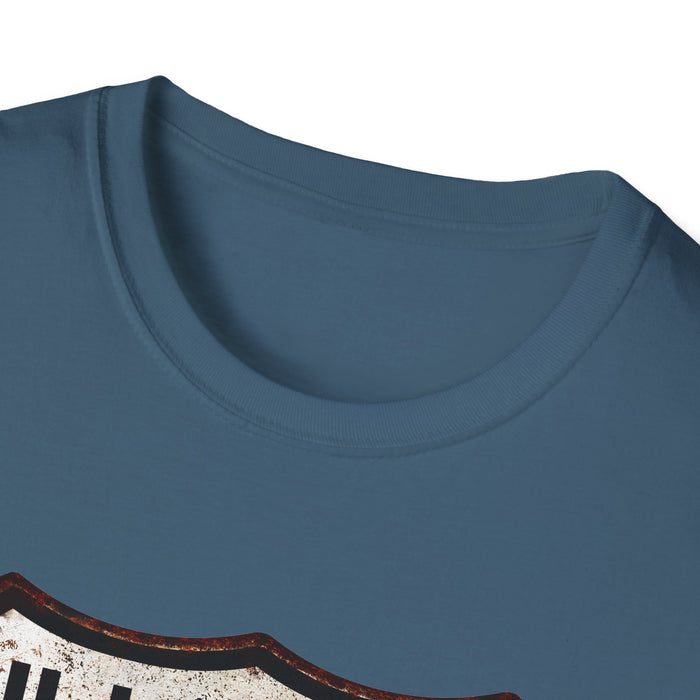 Vintage Illinois Route 66 Tee, Rusty Look with Bullet Holes on Route 66 Shield Unisex Softstyle T-Shirt