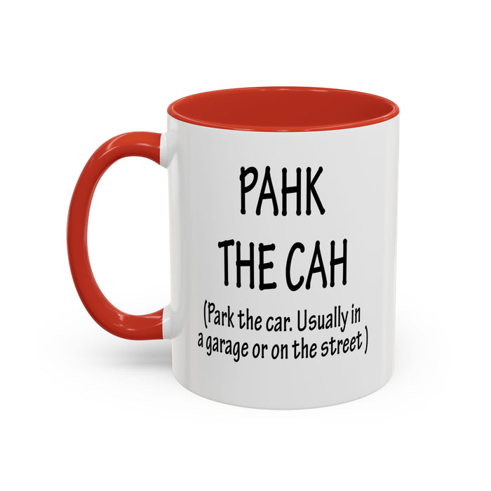 Accent Coffee Mug, Boston Pahk the Cah Funny Gift, Massachusetts Souvenir Cup, Tea Drinker Present, Office Desk Decor, Unique White Ceramic