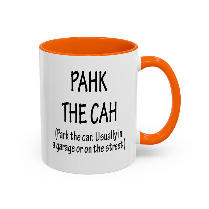 Accent Coffee Mug, Boston Pahk the Cah Funny Gift, Massachusetts Souvenir Cup, Tea Drinker Present, Office Desk Decor, Unique White Ceramic
