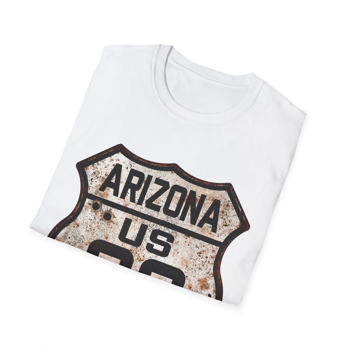 Vintage Arizona Route 66 Tee, Rusty Look with Bullet Holes on Route 66 Shield Unisex Softstyle T-Shirt
