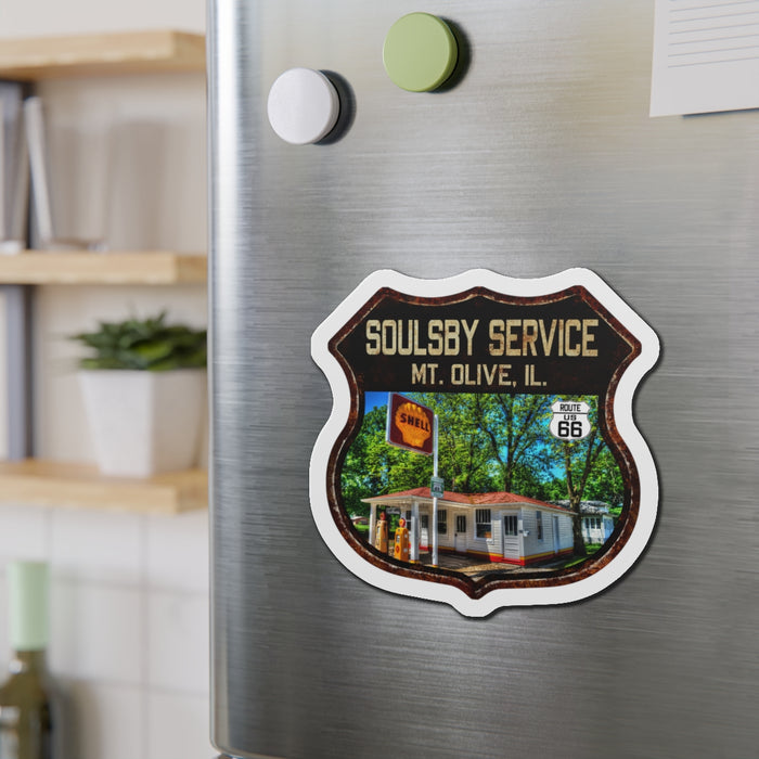Vintage Rusty Soulsby Service Station Die-Cut Magnet - Route 66 Highway Shield Illinois