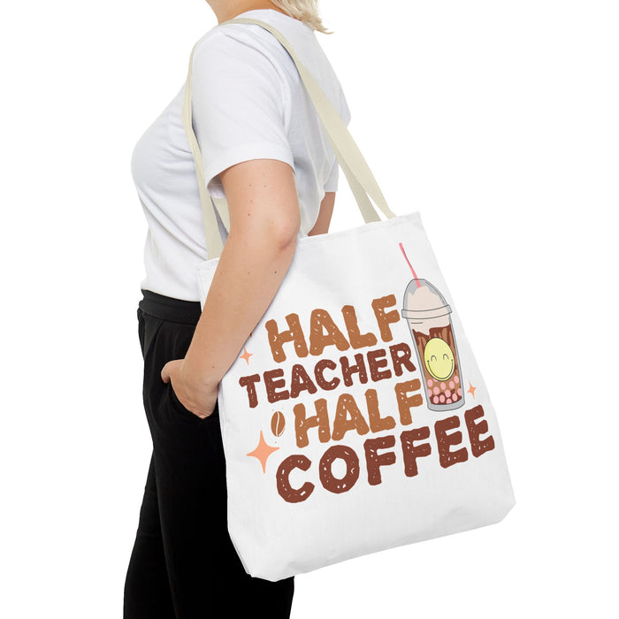 Funny Teacher Tote Bag - Half Teacher Half Coffee Design