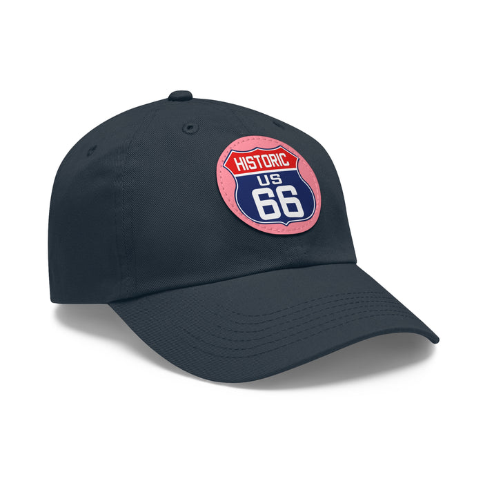 Route 66 Inspired Dad Hat in Red, White and Blue Dad Hat with Leather Patch (Round)