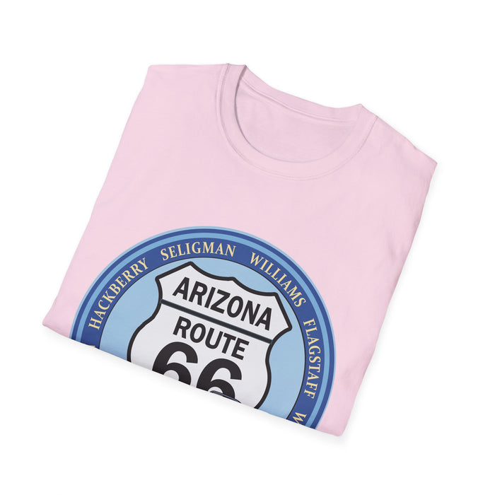 Arizona Route 66 Tee Round Route 66 Sign with City Names Unisex Softstyle T-Shirt