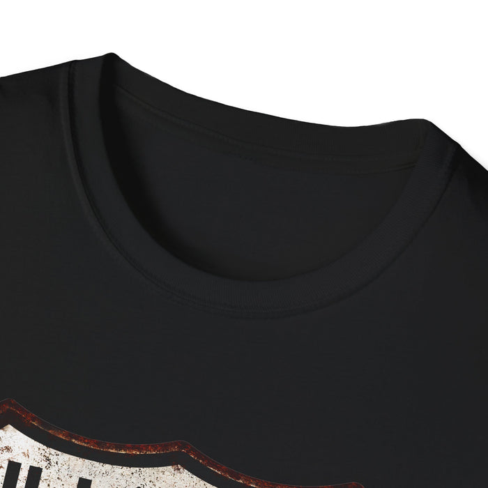 Vintage Illinois Route 66 Tee, Rusty Look with Bullet Holes on Route 66 Shield Unisex Softstyle T-Shirt